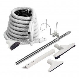 Ensemble pour aspirateur central - boyau 14 m (45') poignée pompe à gaz - brosse à plancher - brosse à épousseter - brosse pour meubles - outil de coins - manchon télescopique - supports pour boyau et outils - gris