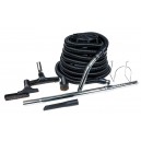 Central Vacuum Kit for Garage - 35' (10 m) Black Hose - Floor Brush - Dusting Brush - Upholstery Brush - Crevice Tool - Telescopic Wand - Metal Hose Hanger - Black