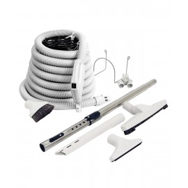 Central Vacuum Cleaner Kit - 35' (10 m)  Hose with On/Off Switch - Floor Brush - Dusting Brush - Upholstery Brush - Crevice Tool - Telescopic Wand - Plastic Tool Caddy on Wand - Metal Hose Hanger - Grey