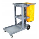 Chariot de concierge avec roues avant pivotantes et roues arrières non marquantes - support pour sac à déchets en polyester - 3 tablettes - gris