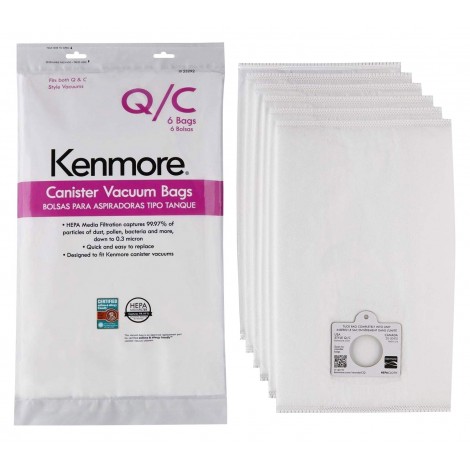 Sac HEPA pour aspirateur chariot Kenmore - É-U Type Q/C - Canada 20-50410 - filtration médiane synthétique - Q/C53292 - paquet de 6 sacs