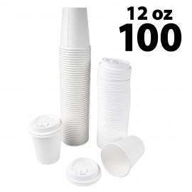 Disposable White Coffee Cups & covers - 12 oz -100 pack