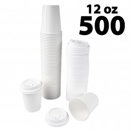 Disposable White Coffee Cups & covers - 12 oz -500 pack
