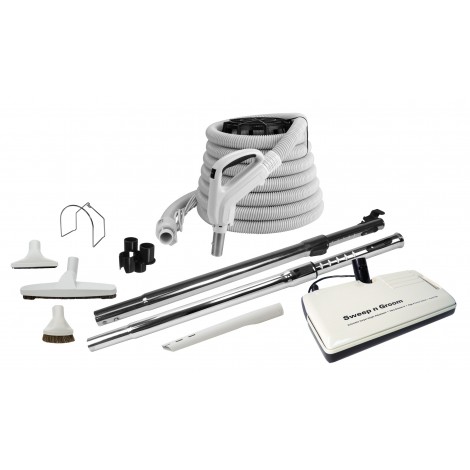 Central Vacuum Kit - 30' (9 m) Electric Hose - 12" (30 cm) Floor Brush & Power Nozzle with Multiple Grey Tools - Telescopic Wand