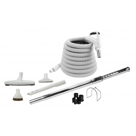Central Vacuum Kit - 30' (9 m) Hose - 12" (30 cm) Floor Brush with Multiple Grey Tools - Telescopic Wand