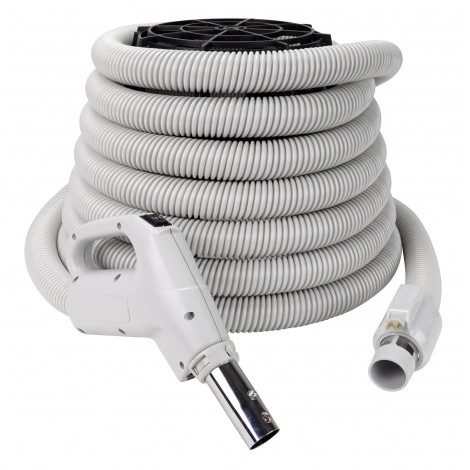Electric Hose for Central Vacuum - 35' (10 m) - 1 1/4" (32 mm)  dia - Grey - Gas Pump Handle - On/Off Button - Power Nozzle Compatible - Button Lock - Super Valve - Plastiflex SZ130114035BDU