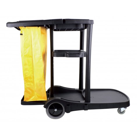 Chariot de concierge avec roues avant pivotantes et roues arrières non marquantes - support pour sac à déchets en polyester - 3 tablettes - noir