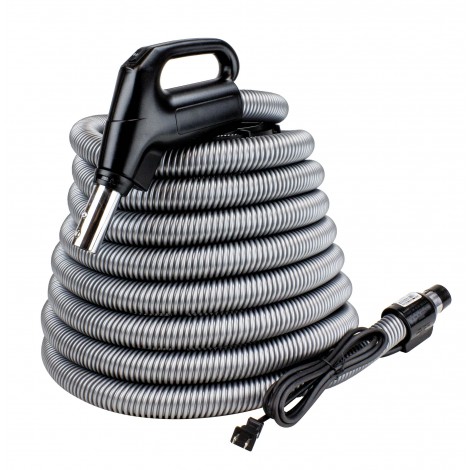 Electrical Hose for Central Vacuum - 35' (10 m) - 1 1/4" (32 mm) dia - Silver - Gas Pump Handle - On/Off Button - Power Nozzle Compatible - Button Lock - Plastiflex SZ902114035BCU
