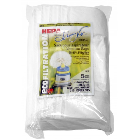 Sac microfiltre HEPA pour aspirateur Johnny Vac JV315 et M60, 315 Kodiak 315, Cobex 315 - paquet de 5 sacs