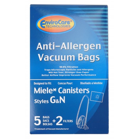 HEPA Microfiltration Bag - For Miele Canister Vacuum Type G-N - Pack of 5 Bags + 2 Filters - Envirocare C204