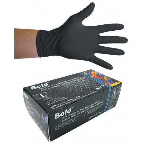 Nitrile Disposable Gloves - Large - 5 mm - Powder-Free - Textured - Bold - Black - Aurelia 73998 - Box of 100