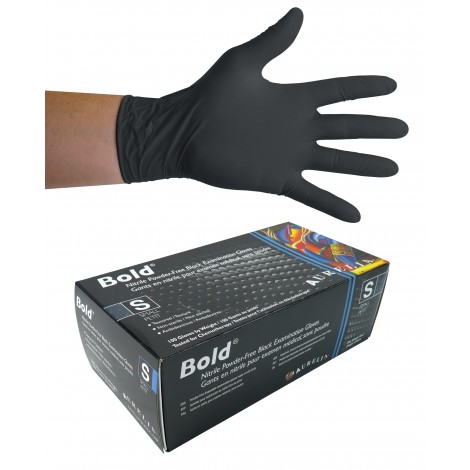 Nitrile Disposable Gloves - Small - 5 mm - Powder-Free - Textured - Bold - Black - Aurelia 73996 - Box of 100