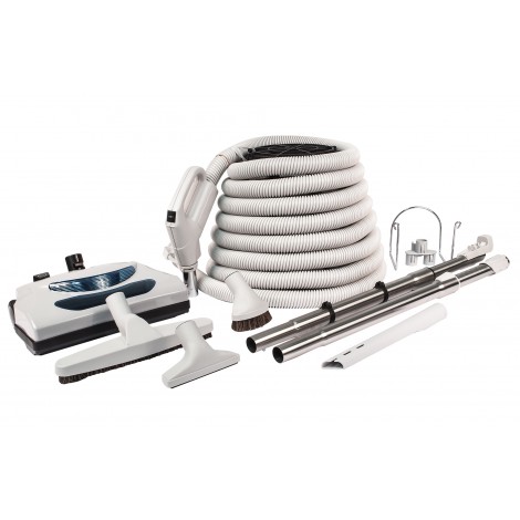 Central Vacuum Kit - 35' (10 m) Electrical Hose - Grey Power Nozzle - Floor Brush - Dusting Brush - Upholstery Brush - Crevice Tool - 2 Telescopic Wands - Hose and Tools Hangers - Grey