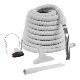 Central Vacuum Kit for Garage - 35' (10 m) Hose with Cuff and Handle - Dusting Brush - Upholstery Brush - Crevice Tool - Extra Large Metal Hose Hanger - Grey