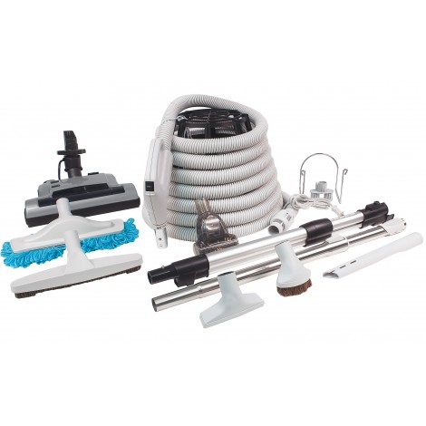 Central Vacuum Kit - 35' (10 m) Electrical Hose - Silver Power Nozzle - Mini Air Nozzle - Floor Brush - Dusting Brush - Upholstery Brush - Microfiber Brush - Telescopic Wand - Hangers - Grey