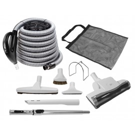 Central Vacuum Cleaner Kit - 30' (9 m) Black - Hose Gas Pump Handle - Air Nozzle - Floor Brush - Dusting Brush - Upholstery Brush - Crevice Tool - Telescopic Wand - Tool Mesh Bag - Metal Hose Hanger - Grey