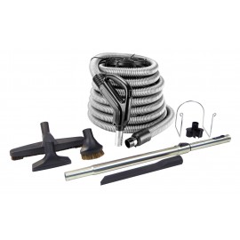 Central Vacuum Kit - 35' Silver Hose - Floor Brush - Dusting Brush - Upholstery Brush - Crevice Tool - Telescopic Wand - Hose and Tools Hangers - Black