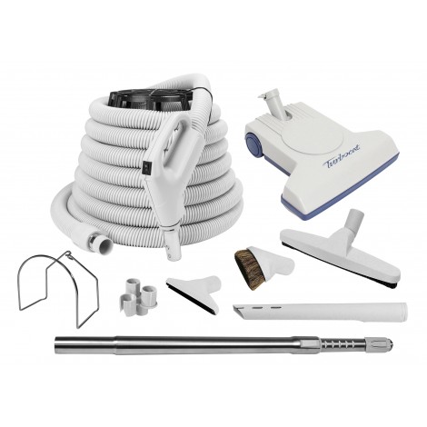 Central Vacuum Cleaner Kit - 35' (10 m)  Hose Gas Pump Handle - Air Nozzle - Floor Brush - Dusting Brush - Upholstery Brush - Crevice Tool - Telescopic Wand - Plastic Tool Caddy on Wand - Metal Hose Hanger - Grey