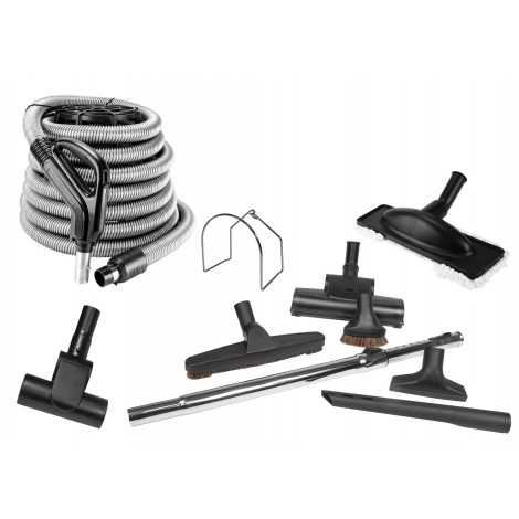 Central Vacuum Kit - 30' (9 m) Silver Hose - Air Nozzle - Mini Air Nozzle - Floor Brush - Dusting Brush - Upholstery Brush - Crevice Tool - Microfiber Brush - Telescopic Wand - Hose Hanger - Black