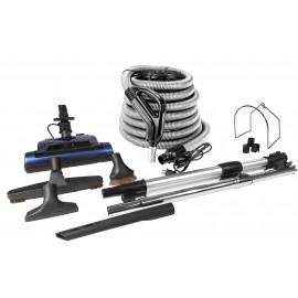 Central Vacuum Kit - 30' (9 m) Silver Electrical Hose - Blue Power Nozzle - Floor Brush - Dusting Brush - Upholstery Brush - Crevice Tool - Telescopic Wand - Hose and Tools Hangers - Black