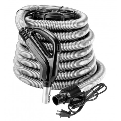 Electrical Hose for Central Vacuum - 30' (9 m) - 1 3/8" (35 mm) dia - Silver - Ergonomic Handle with Foam Grip and 360° Swivel - On/Off Button - Power Nozzle Compatible - Button Lock