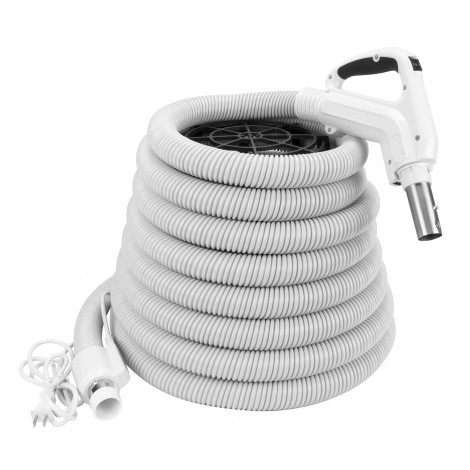 Electric Hose for Central Vacuum - 30' (9 m) - Ergonomic Handle with Foam Grip and 360° Swivel - Grey - Power Nozzle Compatible - On/Off Button - Button Lock