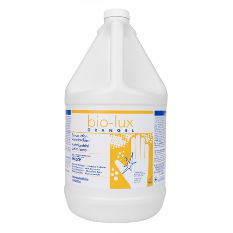 Savon liquide pour les mains antimicrobien Bio-Lux Orangel - prêt à utiliser - 4 L (1,06 gal) - Safeblend BIOR - désinfectant à utiliser contre le coronavirus (COVID-19)