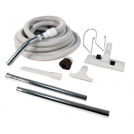 Central Vacuum Kit - 30' (9 m) Hose with Cuff and Handle - Carpet Brush - Dusting Brush - Uphelstery Brush - Crevice Tool - 2 Straight Wands - Hose Hanger - Grey