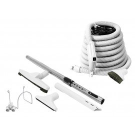 Central Vacuum Cleaner Kit - 30' (9.1m)  Hose with On/Off Switch - Floor Brush - Dusting Brush - Upholstery Brush - Crevice Tool - Telescopic Wand - Plastic Tool Caddy on Wand - Metal Hose Hanger - Grey