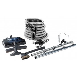 Central Vacuum Kit - 30' (9 m) Silver Electrical Hose - Power Nozzle - Floor Brush - Dusting Brush - Upholstery Brush - Crevice Tool - 2 Telescopic Wands - Hose and Tools Hangers - Black