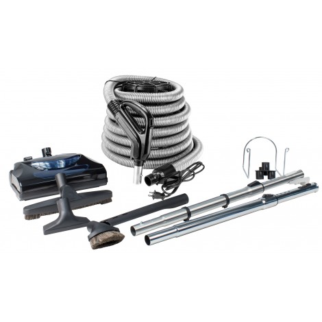 Central Vacuum Kit - 35' (10 m) Silver Electrical Hose - Power Nozzle - Floor Brush - Dusting Brush - Upholstery Brush - Crevice Tool - 2 Telescopic Wands - Hose and Tools Hangers - Black