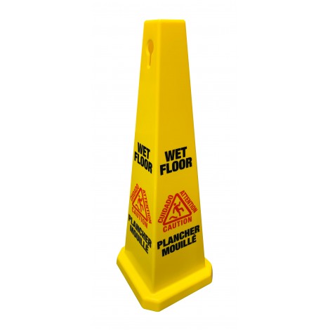 Bilingual Cone Shaped Floor Sign 36'' "CAUTION WET FLOOR" - 4-Sided Imprint - Yellow - Height (91.4 cm)