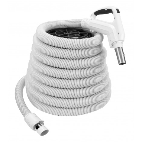 Hose for Central Vacuum - 40' (12,2 m) - Ergonomic Handle with Foam Grip and 360° Swivel - Grey - Button Lock - On/Off Button