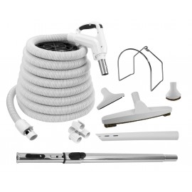 Central Vacuum Cleaner Kit - 40' (12 m) - Hose Gas Pump Handle - Floor Brush - Dusting Brush - Upholstery Brush - Crevice Tool - Telescopic Wand - Plastic Tool Caddy on Wand - Metal Hose Hanger