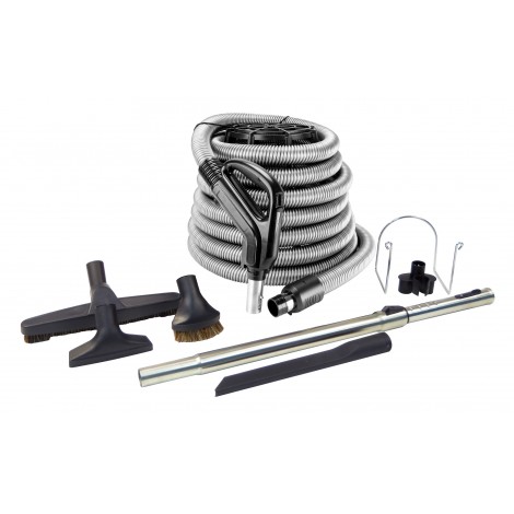 Central Vacuum Cleaner Kit - 40' (12 m) - Hose Gas Pump Handle - Floor Brush - Dusting Brush - Upholstery Brush - Crevice Tool - Telescopic Wand - Plastic Tool Caddy on Wand - Metal Hose Hanger