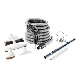 Central Vacuum Kit - 30' (9 m) Silver Hose - Air Nozzle - Floor Brush - Dusting Brush - Upholstery Brush - Crevice Tool -Telescopic Wand - Hose and Tools Hangers - Grey