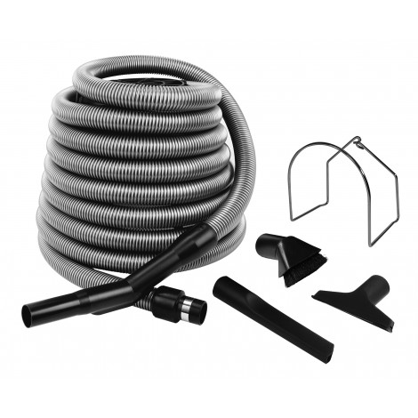 Ensemble pour aspirateur central de garage - boyau de 9 m (30') - brosse à épousseter - brosse pour meubles - outils de coins - support à boyau en métal - argent