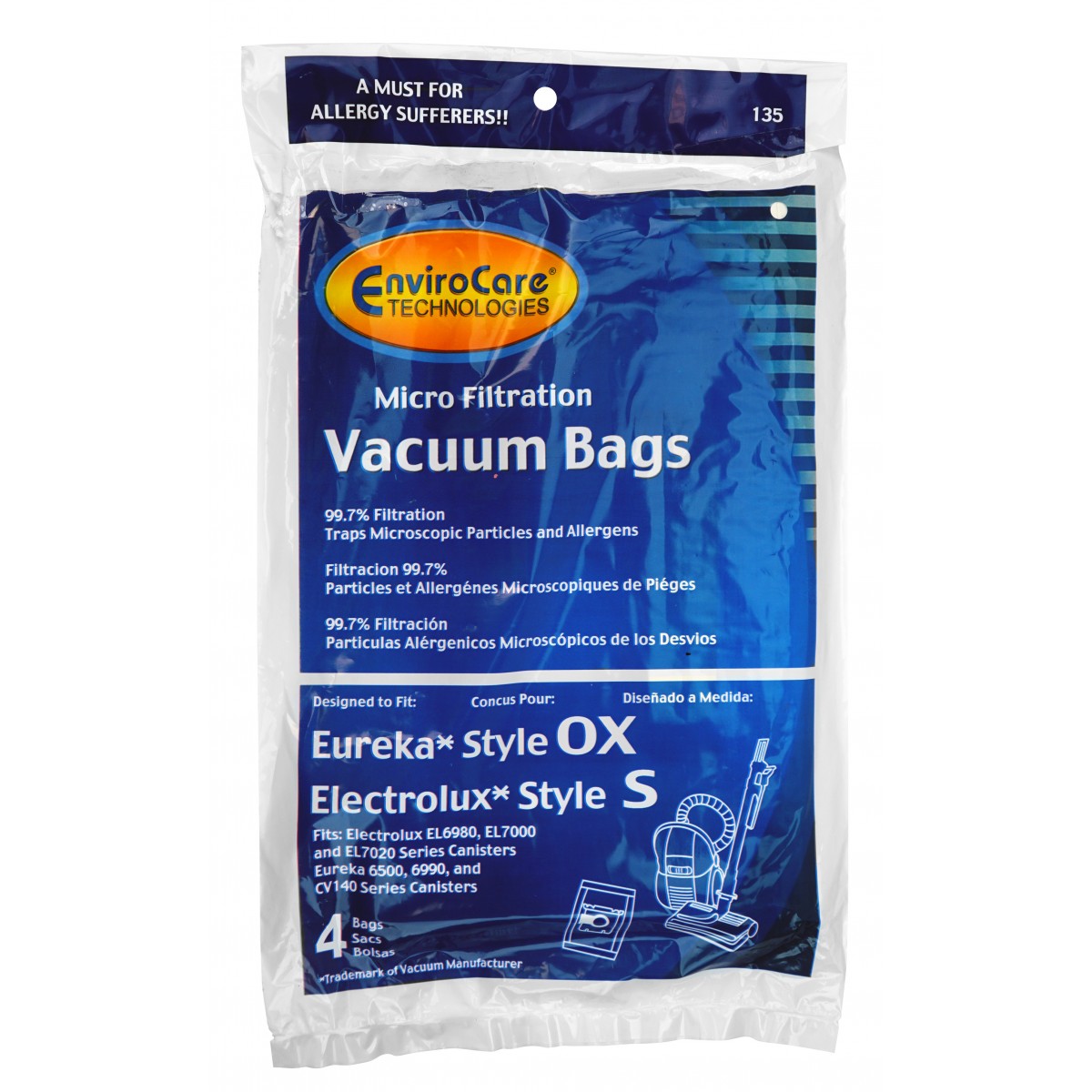 Sac microfiltre pour aspirateur Electrolux style S, Eureka style OX -  Harmony - Oxygen - paquet de 4 sacs 