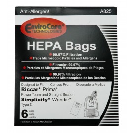 HEPA Microfiltation Bags for Riccar Prima & Simplicity Wonder Canister Vacuums - Pack of 6 Bags - Envirocare A825